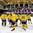 BUFFALO, NEW YORK - JANUARY 2: Team Sweden salutes the crowd following a 3-2 win against Slovakia during the quarterfinal round of the 2018 IIHF World Junior Championship. (Photo by Andrea Cardin/HHOF-IIHF Images)

